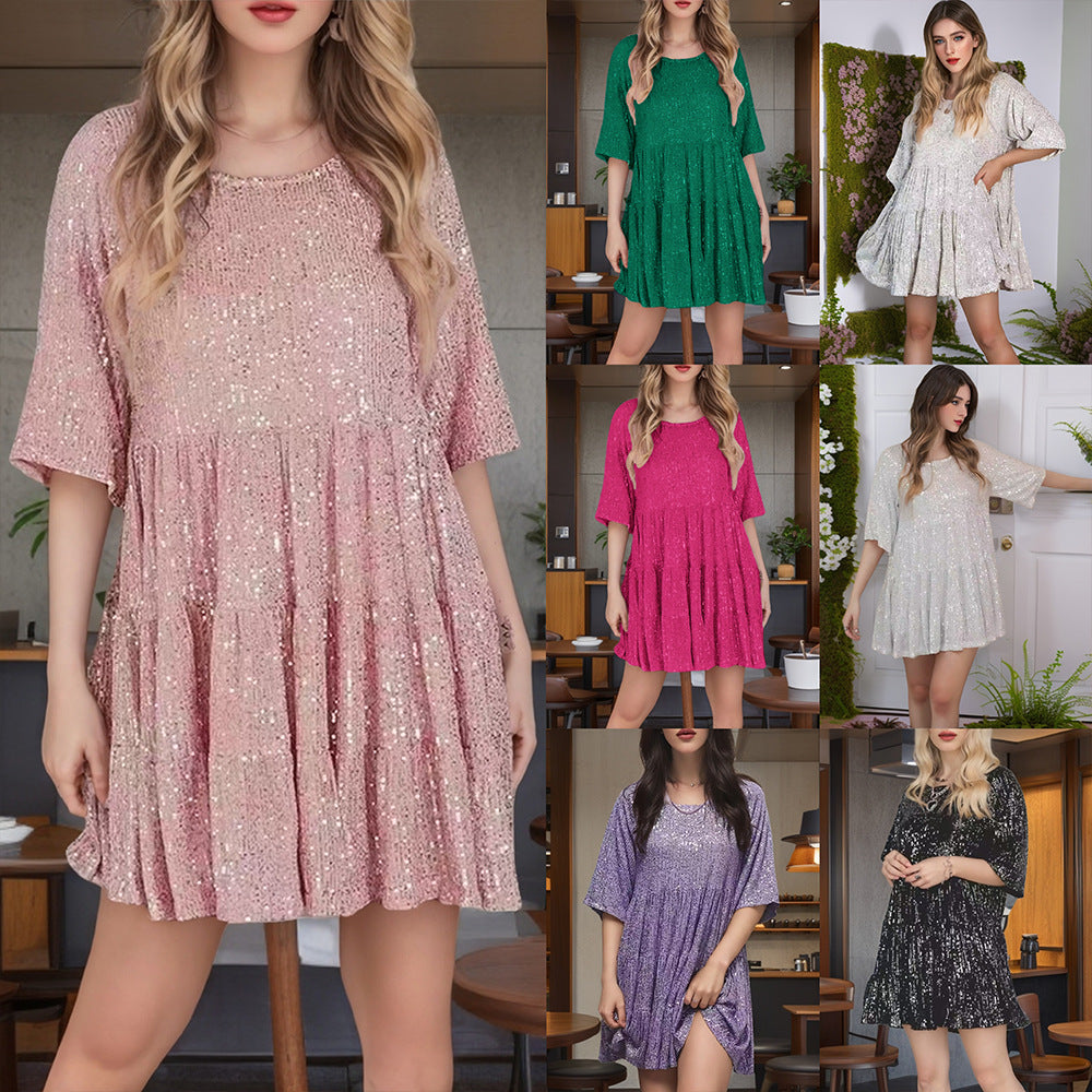 Crew Neck Loose Short Sleeve Dress Sequin Dress