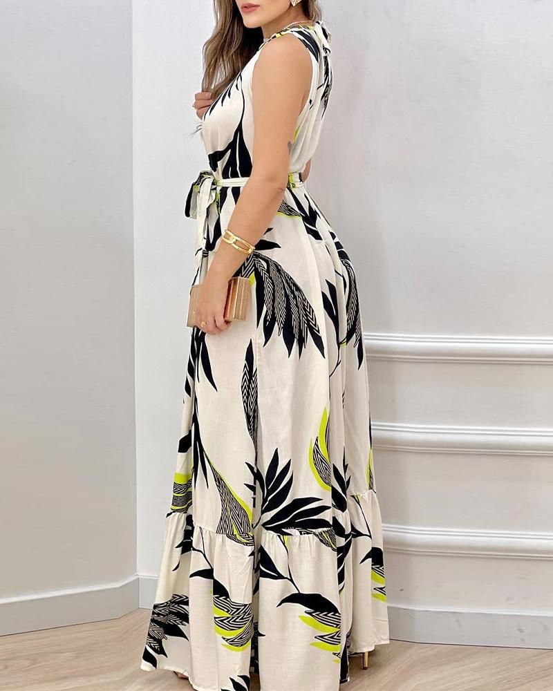 Women's Summer Neck Strap Printed Lotus Leaf Dress Women