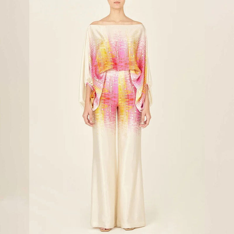 Elegant and Loose Bat Sleeve Print Fashion Set