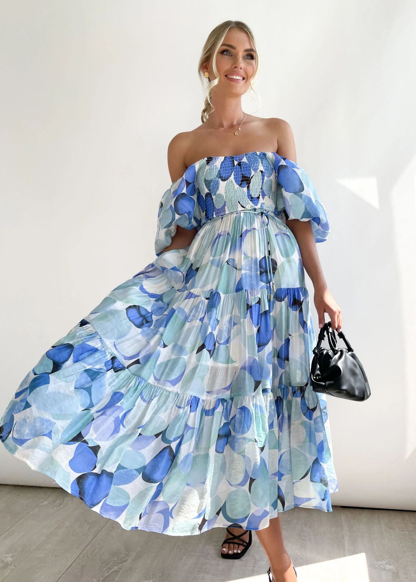 Offshoulder Printed Bubble Sleeve Dress for Women