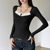 Womens Lace V-Neck Long Sleeve T-Shirt