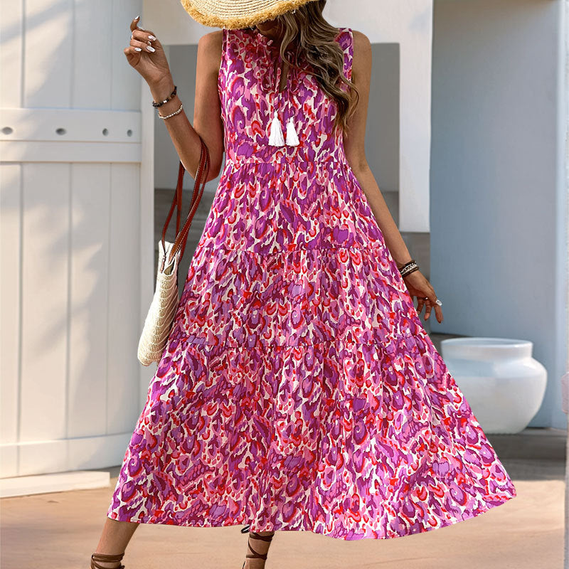 Sleeveless V-neck Fringed Print Dress for Women