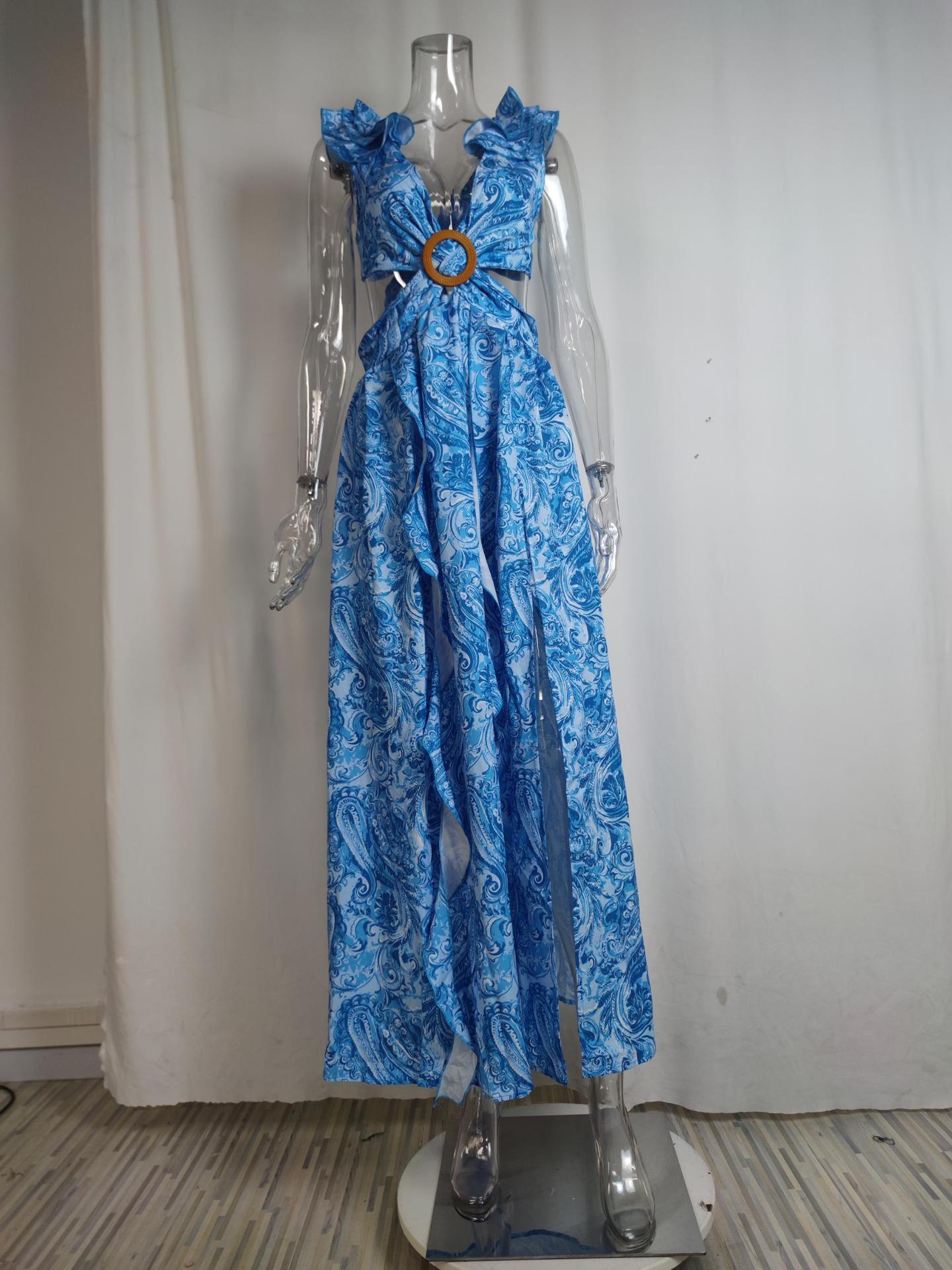 Sexy Deep V-neck Waist Print Dress Long Dress