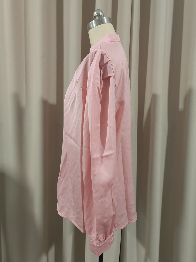 Solid color lapel long-sleeved button-up blouse shirt