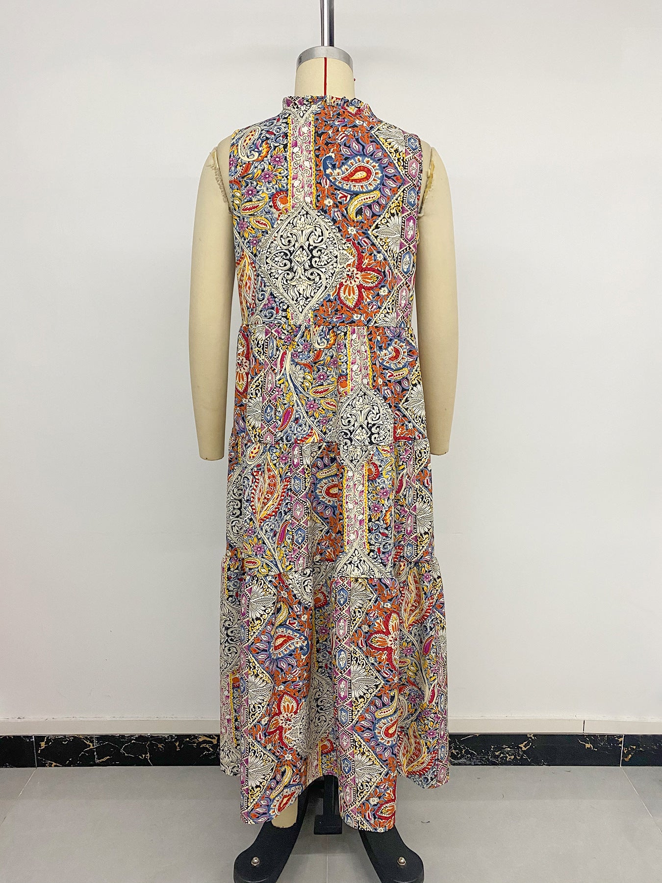 Vintage Fringed Sleeveless Print Dress