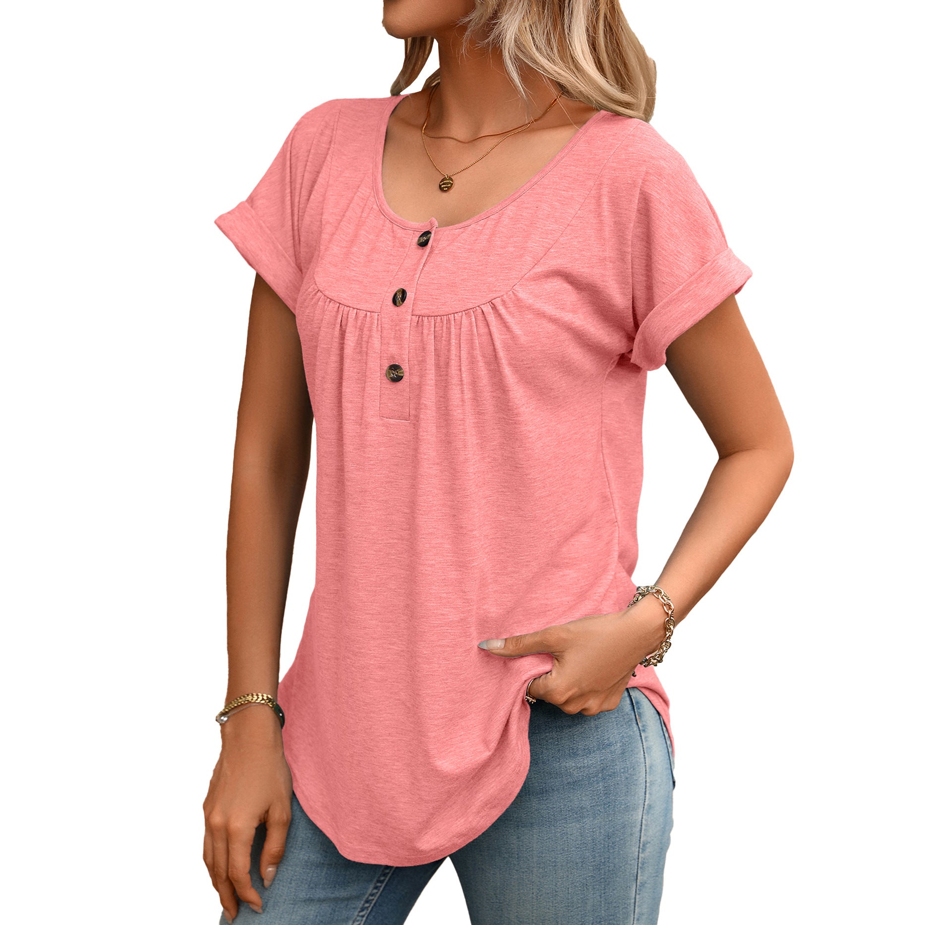 Women Solid Color Crew Neck Button Short Sleeve T-Shirt