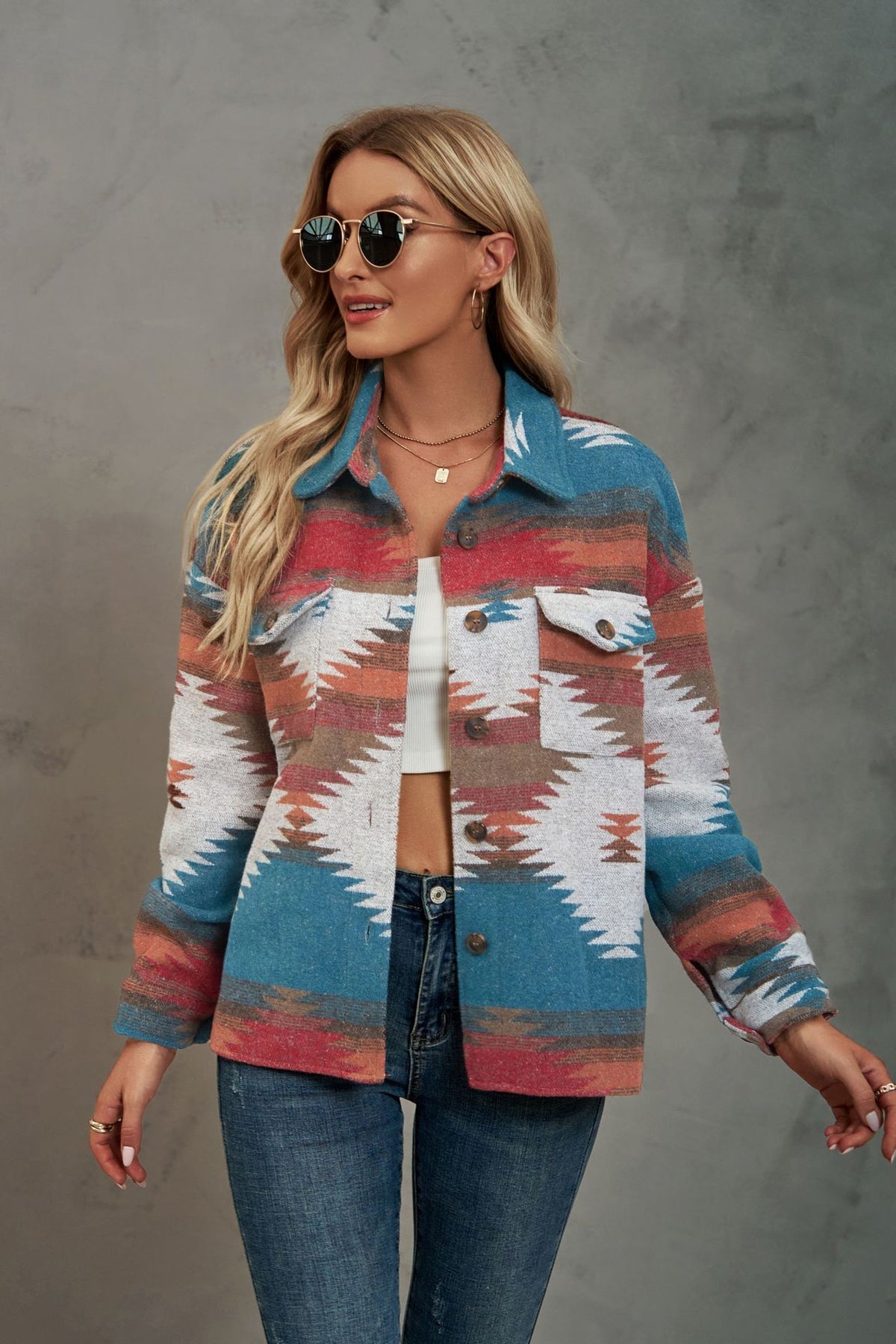 Casual Aztec Print Button Down Woolen Long Sleeve Jacket Coat