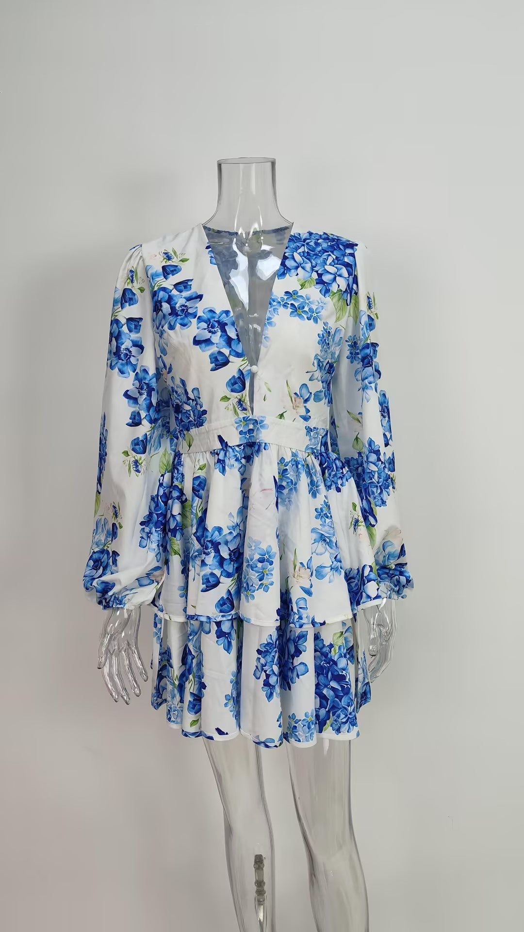 Women's Elegant Fashion V-neck Bubble Sleeve Ruffle Edge Dress