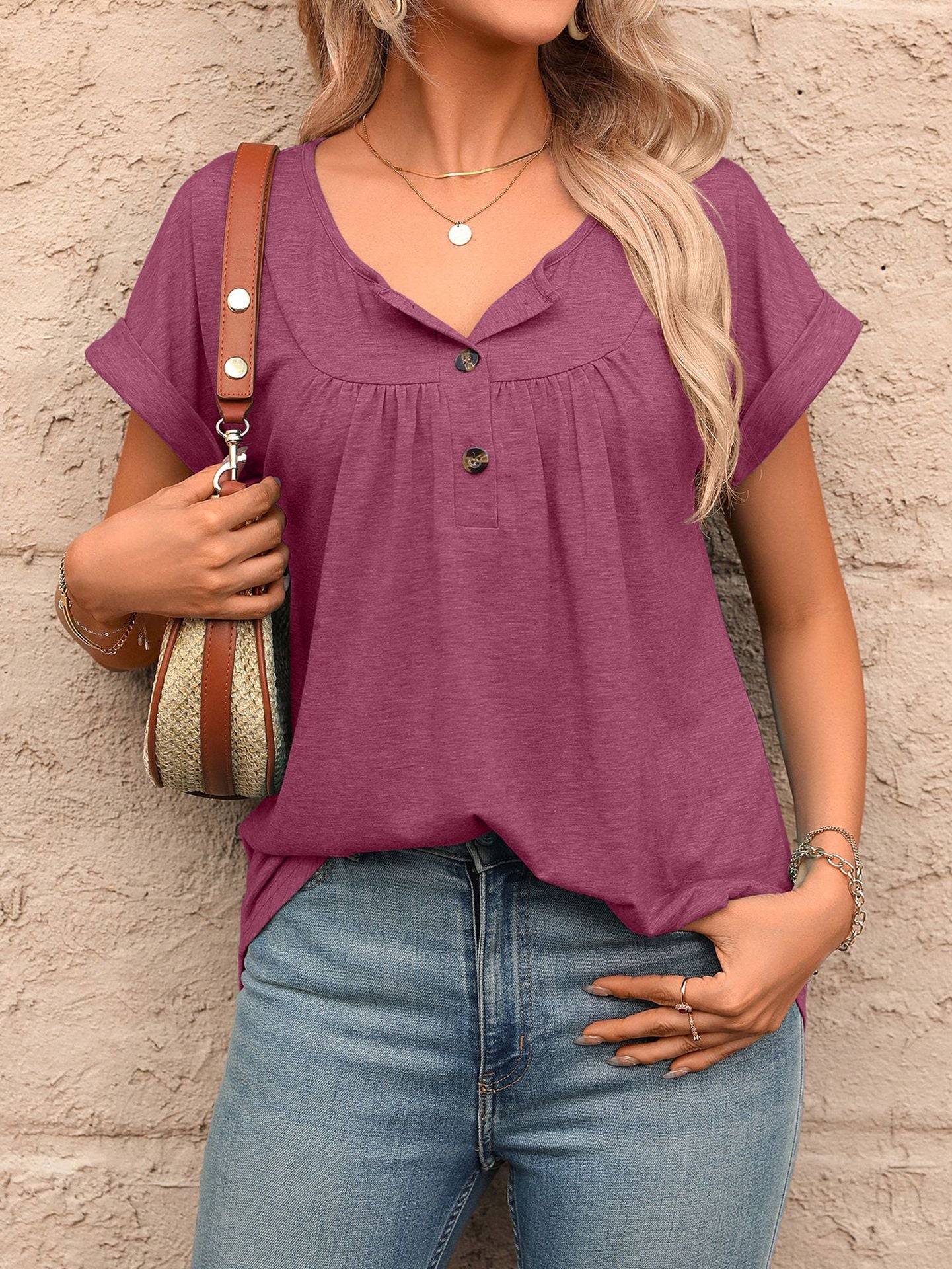 Women Solid Color Crew Neck Button Short Sleeve T-Shirt
