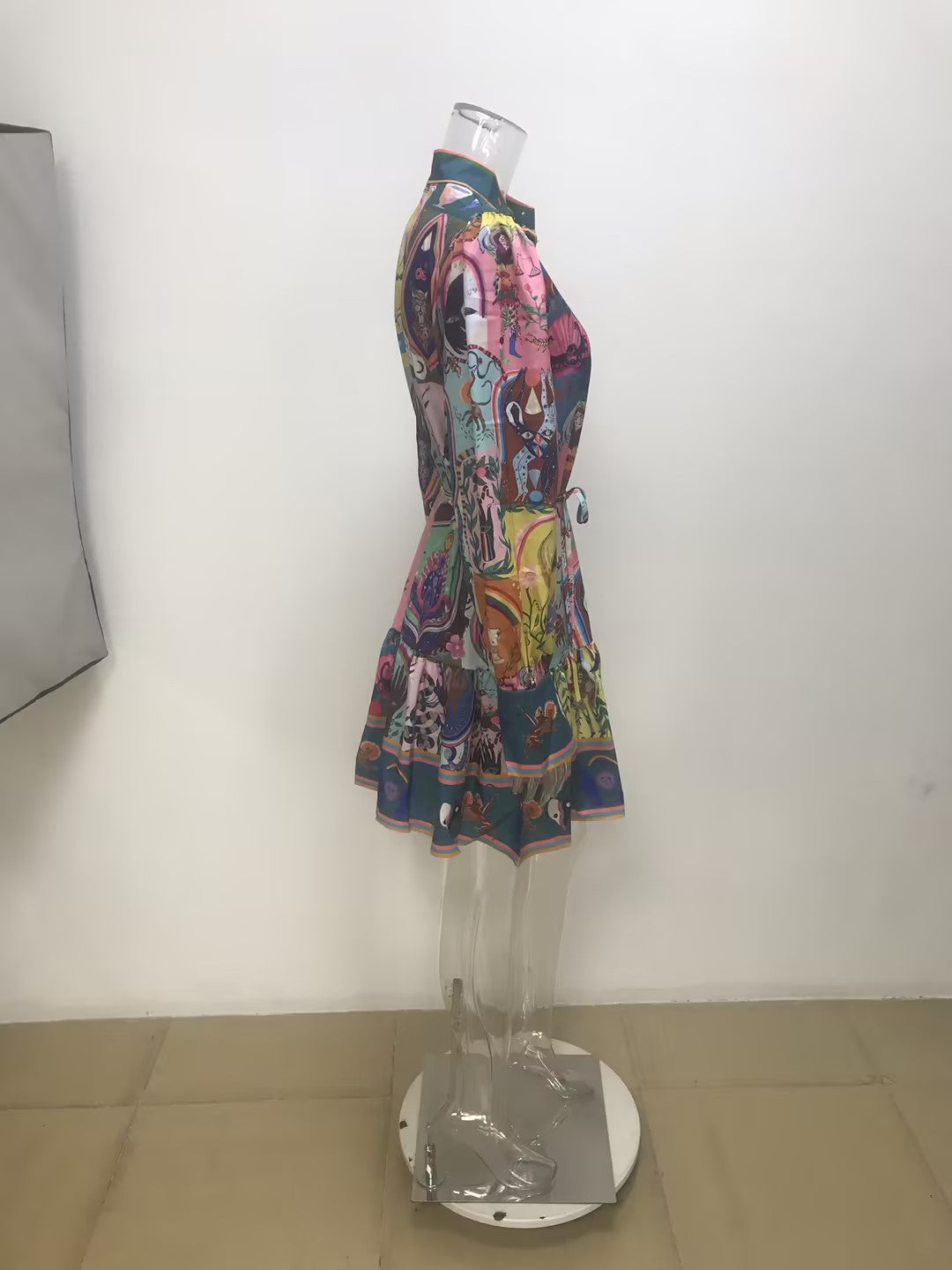 Vintage Elegant Collar Print Strap-on Dress Short