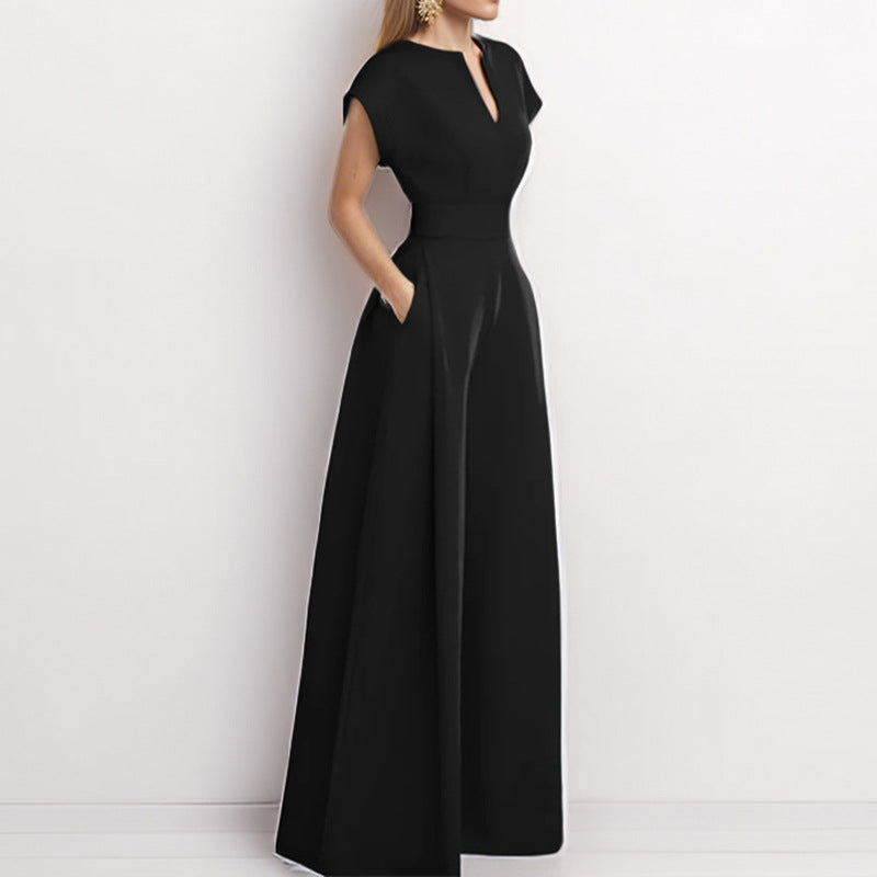 Women's Fashion V-neck Solid Color Slim-fit Wide-leg Jumpsuit