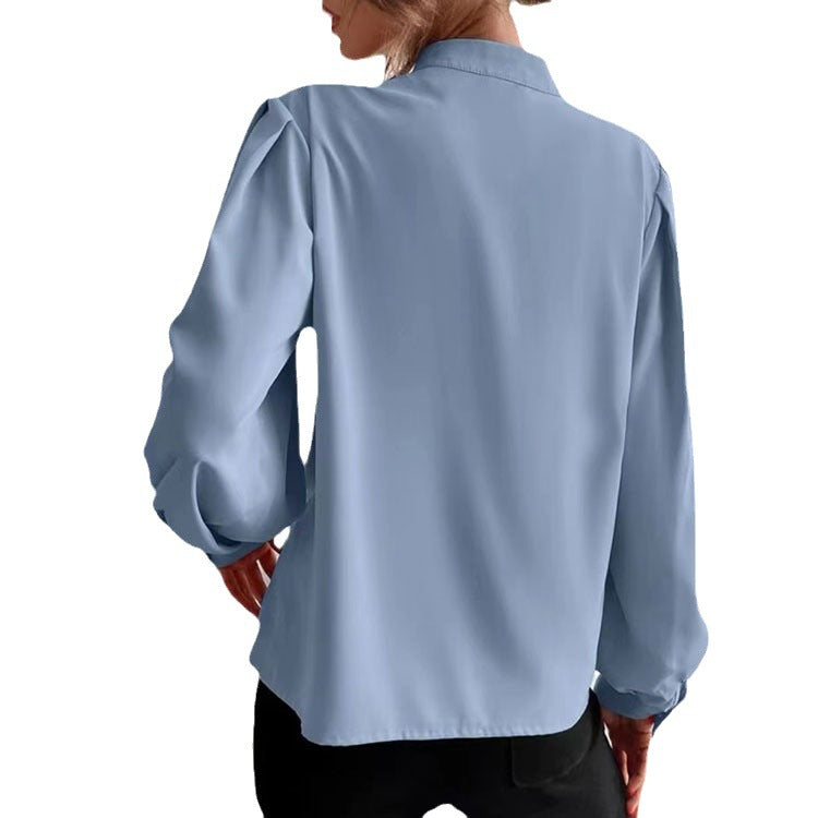 Solid color lapel long-sleeved button-up blouse shirt