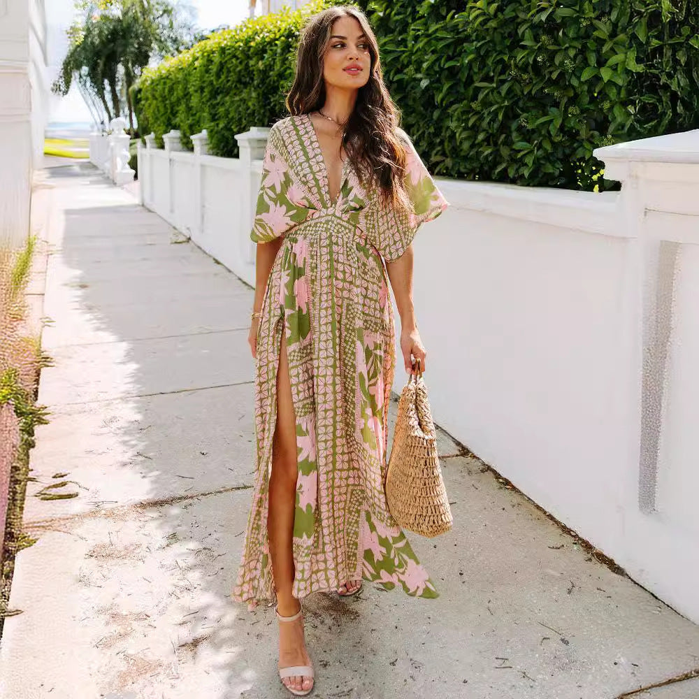 Women's Summer Sexy High-waisted Print Slit Dress