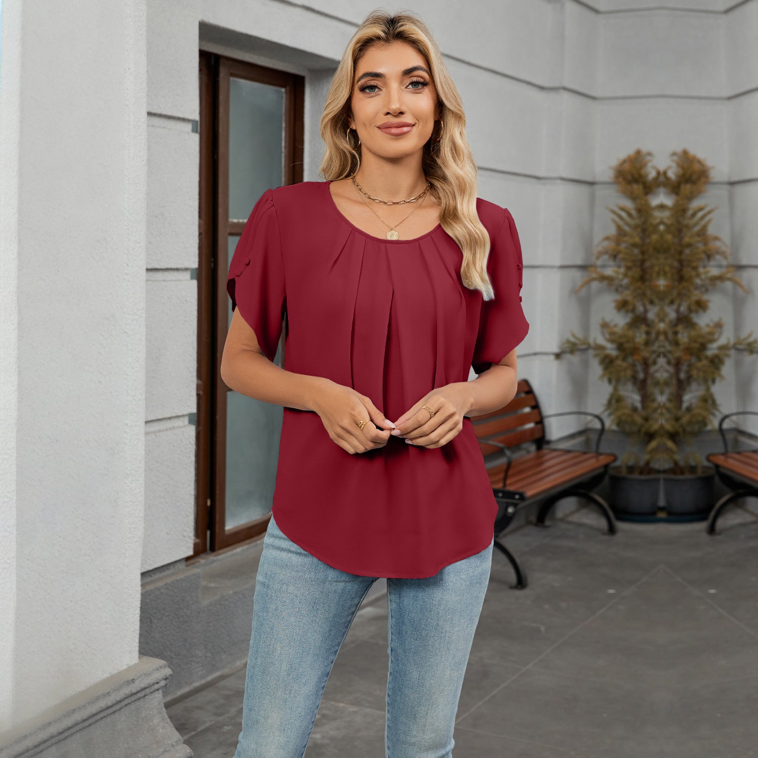Women Crew Neck Short Sleeve Pleated Loose Chiffon Top