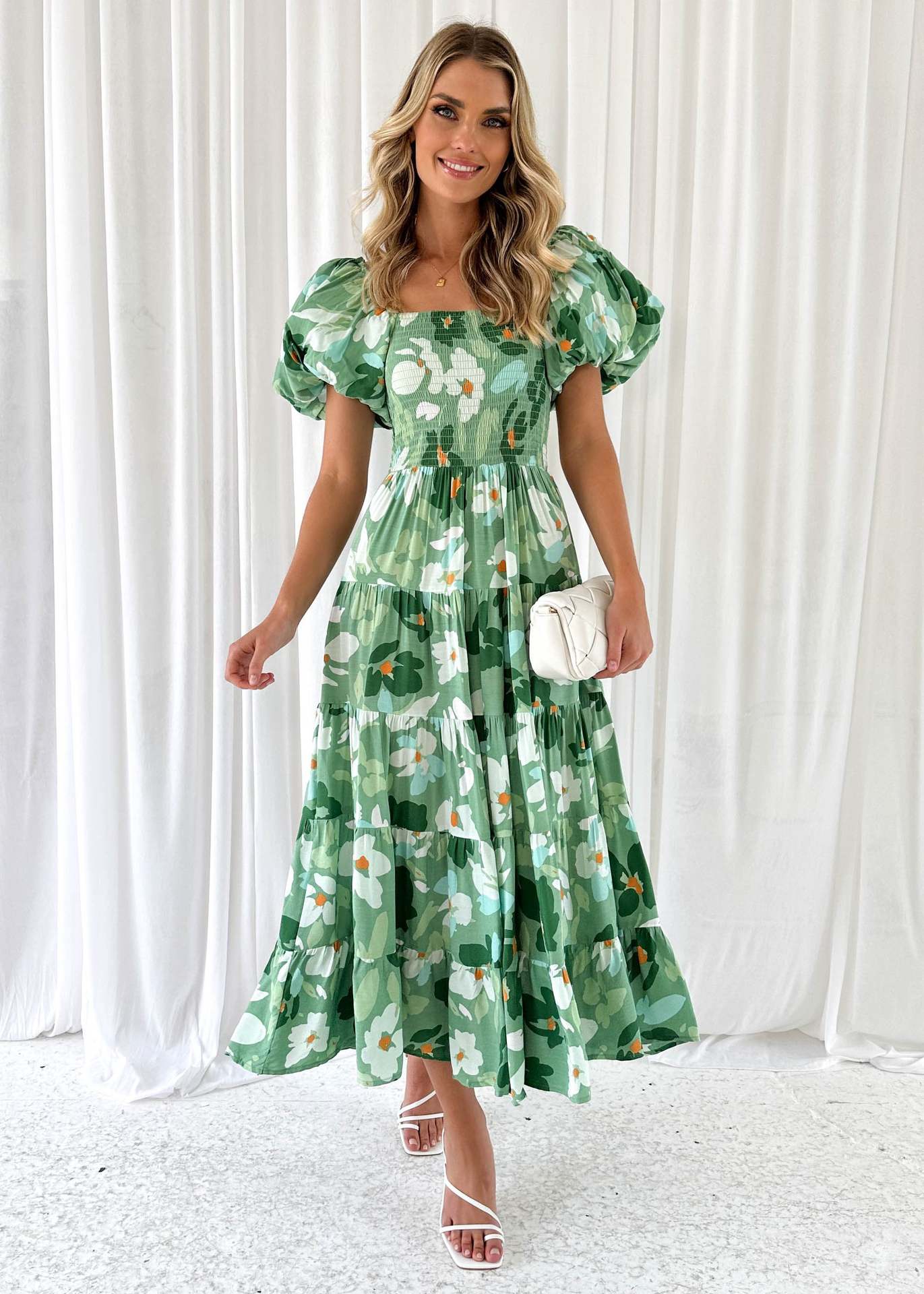 Offshoulder Printed Bubble Sleeve Dress for Women