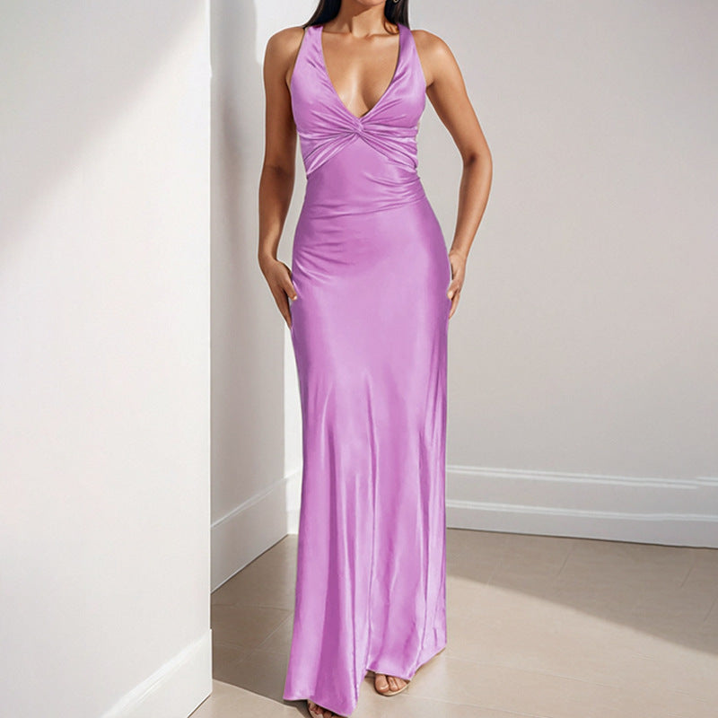 Sexy V-neck Pleated Slim-fit Dress Long Dress