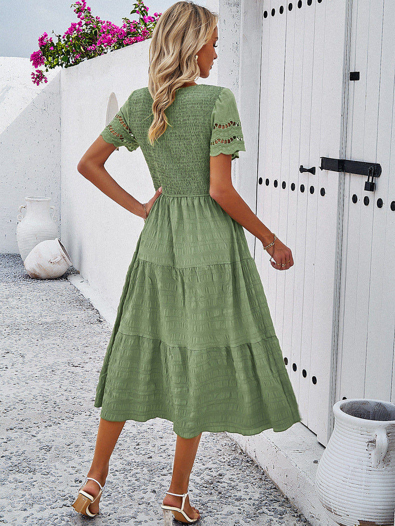 Solid Color Short-sleeved Cut-out Dress for Women