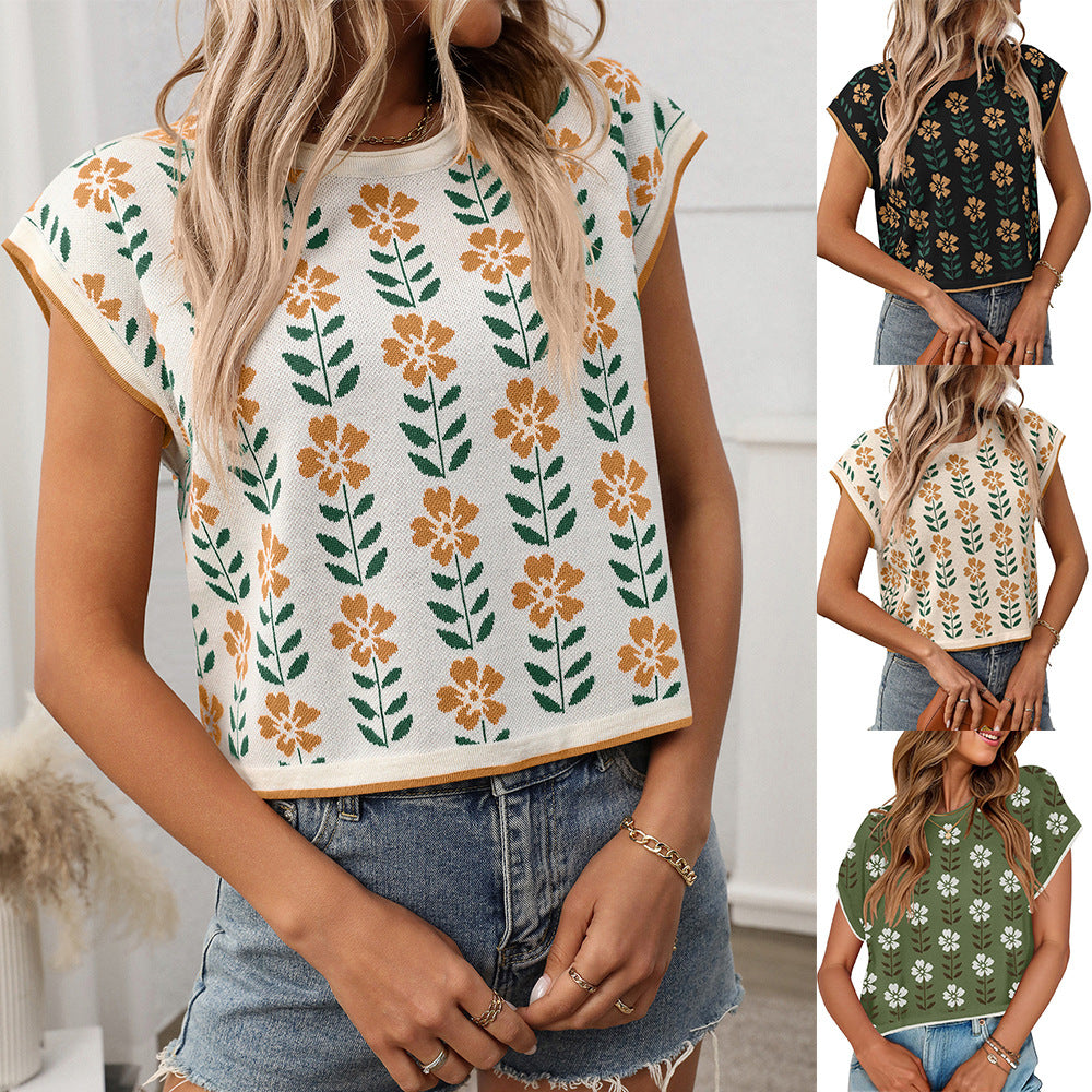 Short Sleeve Crew Neck Knitted Flower Sweater