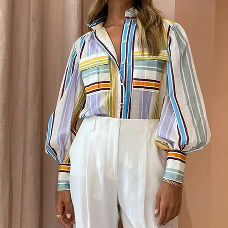 Casual Lapel Print Button-down Women's Blouse