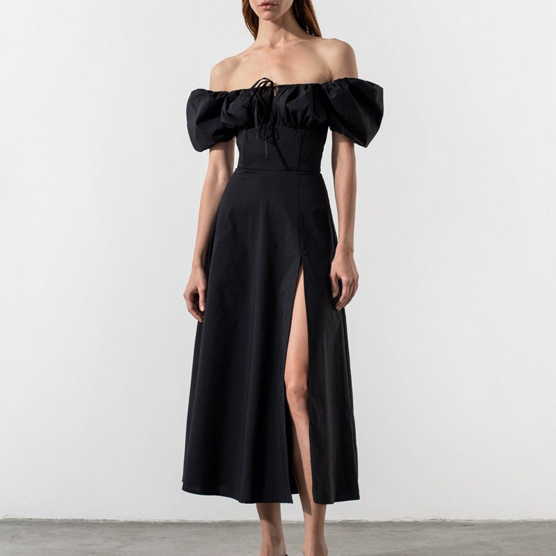 Women Solid Color Bubble Sleeve Strap Dress