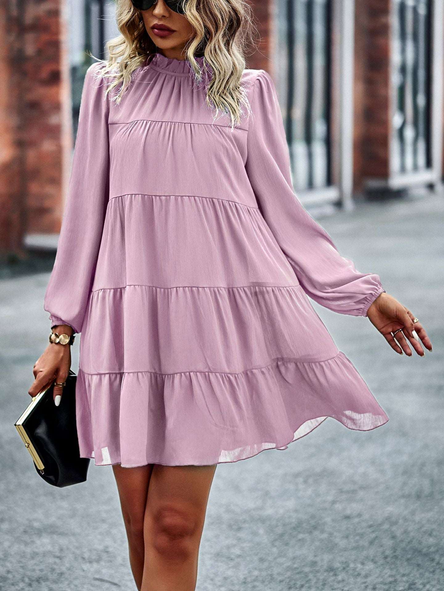 Womens Dress Long Lantern Sleeve Square Neck Tie Backless Sexy Dress Ruffle Elastic Waist A-Line Mini Dress