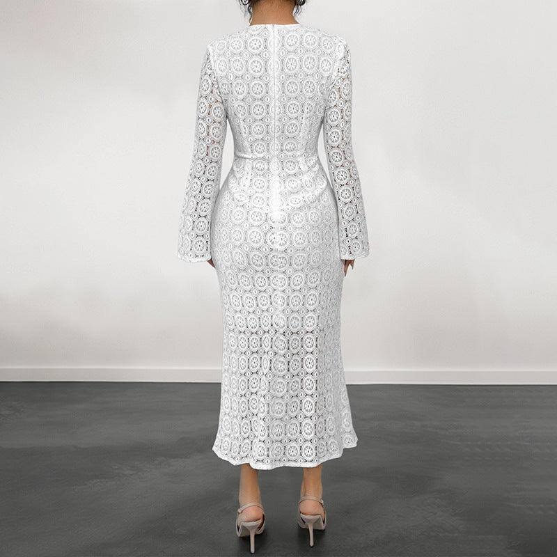 Elegant Fishtail Dress Long Sleeve Lace Solid Color Dress