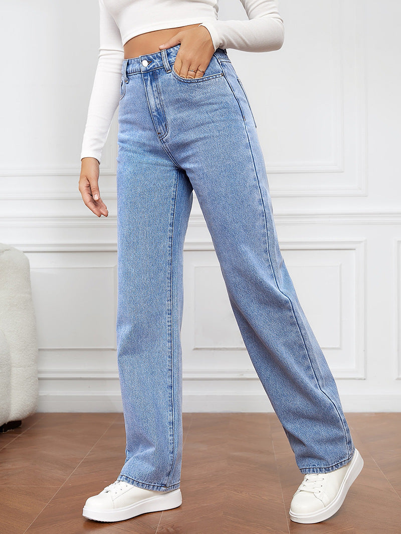 Women Stretch Washed Denim Fashion Straight Pants Long High Waist Jeans
