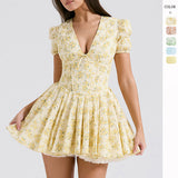 Women's Floral Bubble Sleeve Dress Summer A-line Dress