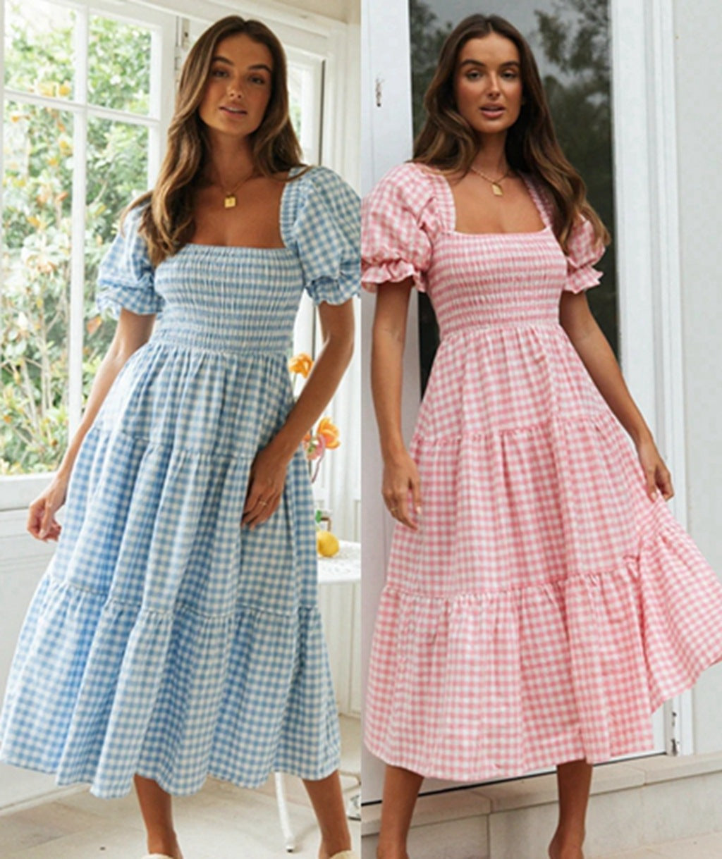 Ladies Plaid Bubble Sleeve Dress