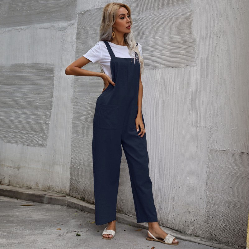 Casual Cotton and Linen Pocket Solid Color Sleeveless Jumpsuit