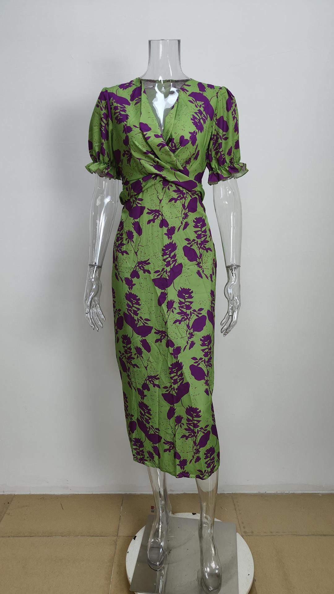 Women's Printed V-Neck Lantern Sleeve Dress