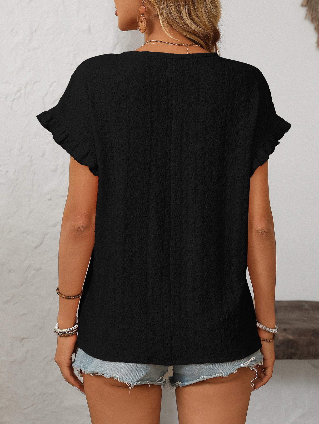Solid Color Crew Neck Sweet Short-sleeved T-shirt Hollow Top