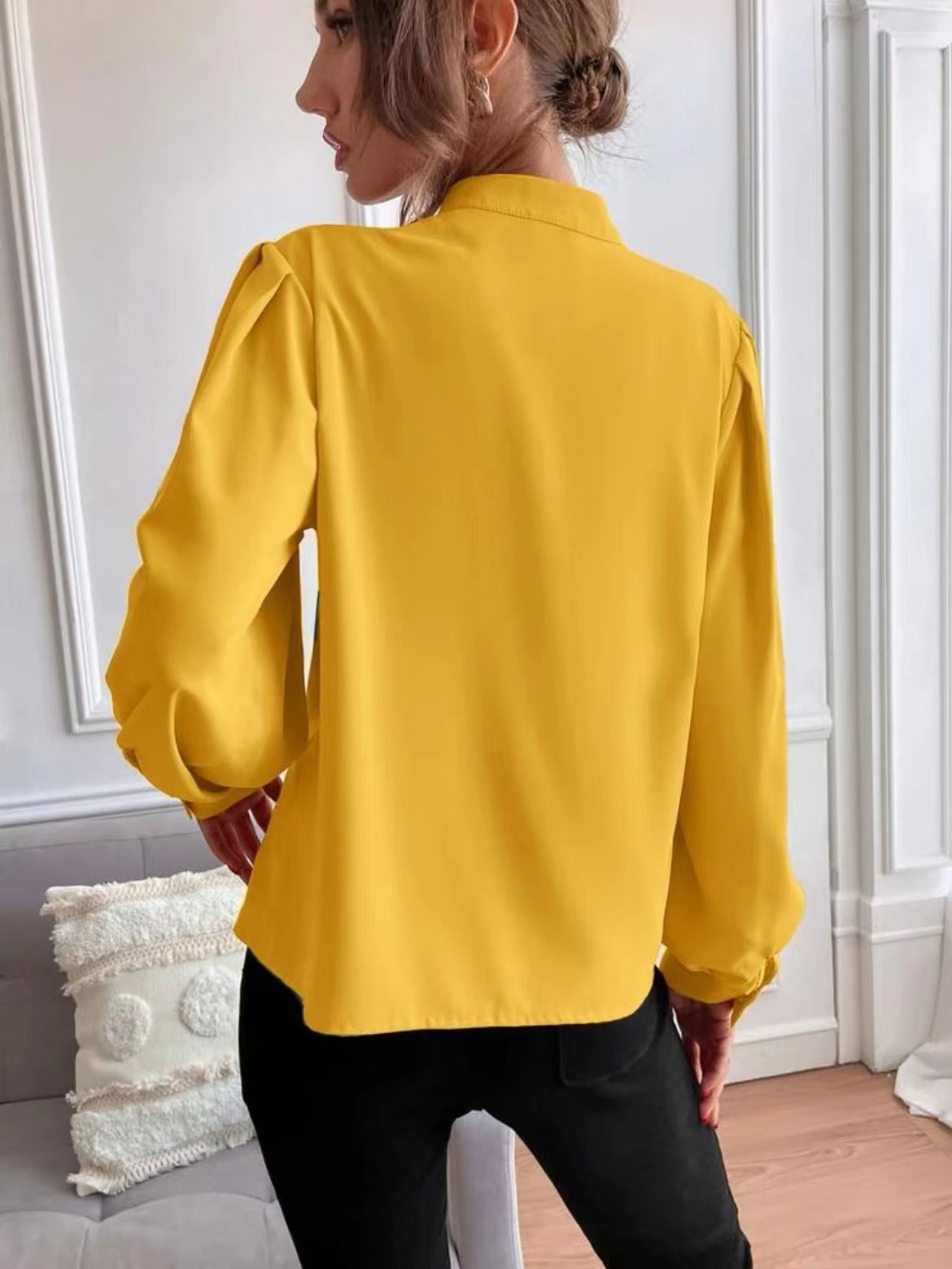Solid color lapel long-sleeved button-up blouse shirt