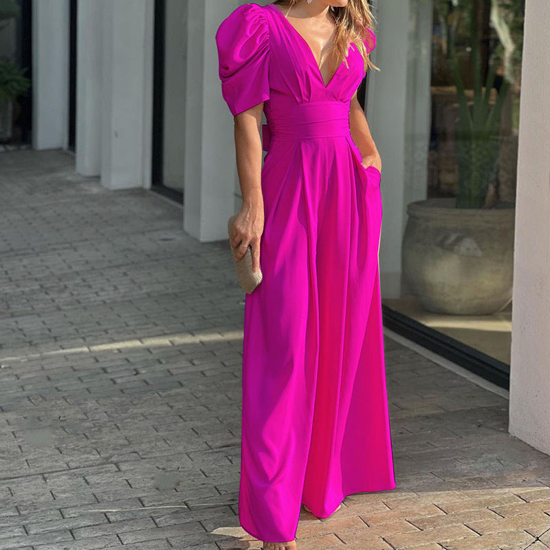 Women's Solid Color Slim-Fit Short Sleeve Wide Leg Jumpsuit