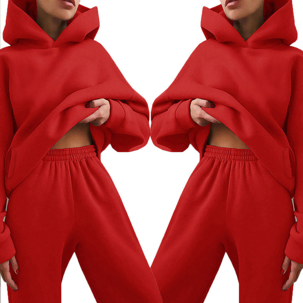 Women Fashion Casual Sports Solid Color Hooded Set