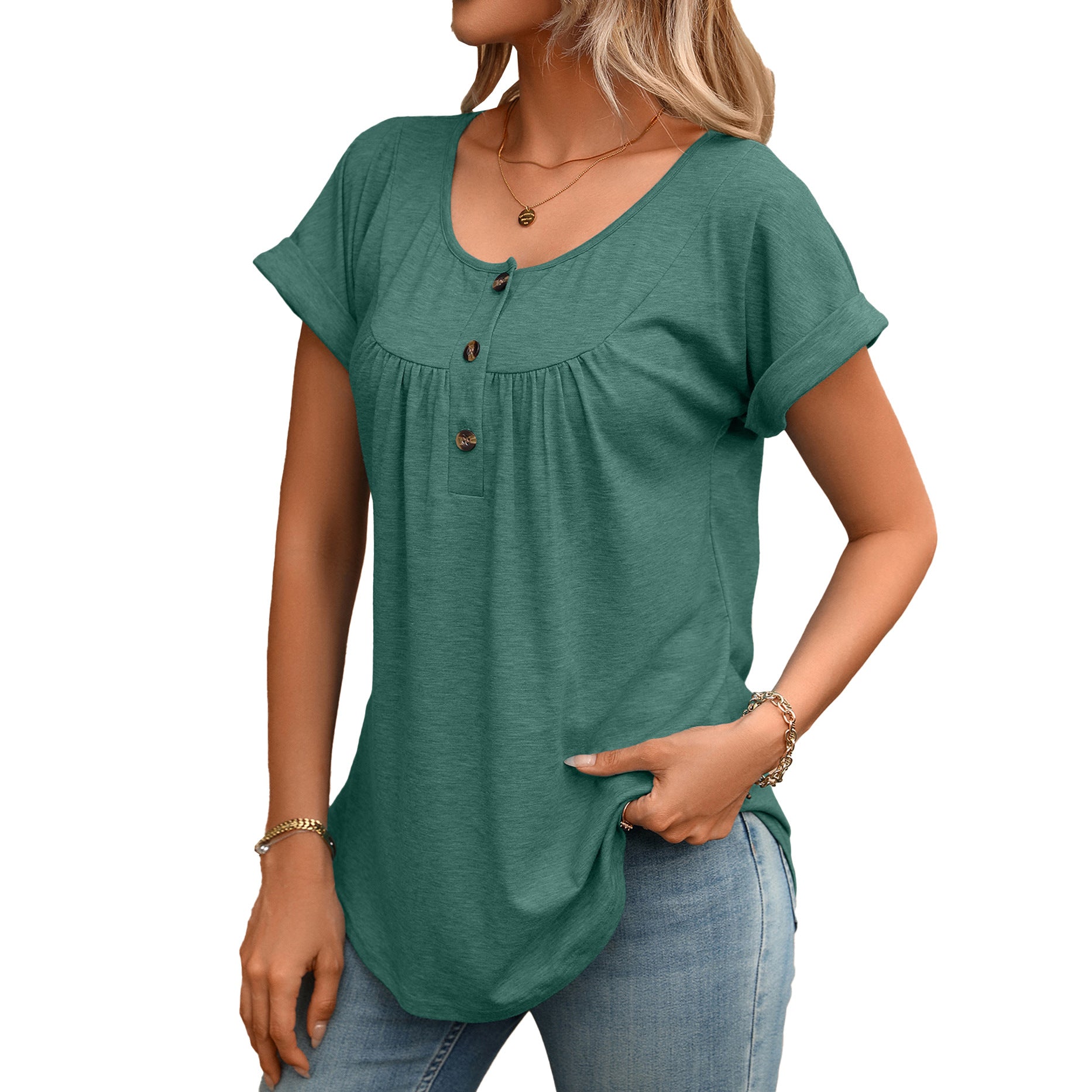 Women Solid Color Crew Neck Button Short Sleeve T-Shirt