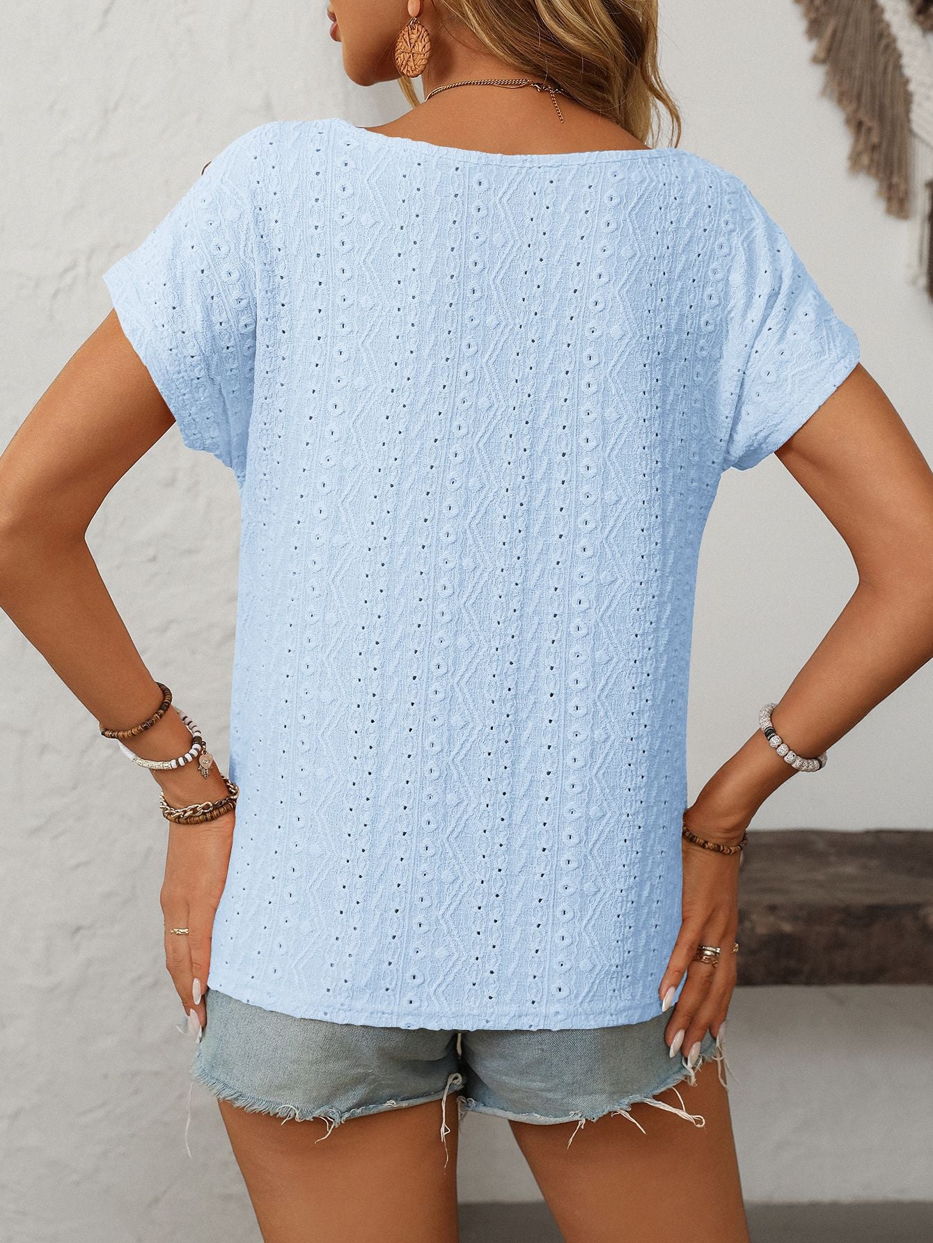 Women's Solid Color Crew Neck Button Short Sleeve T-Shirt Top