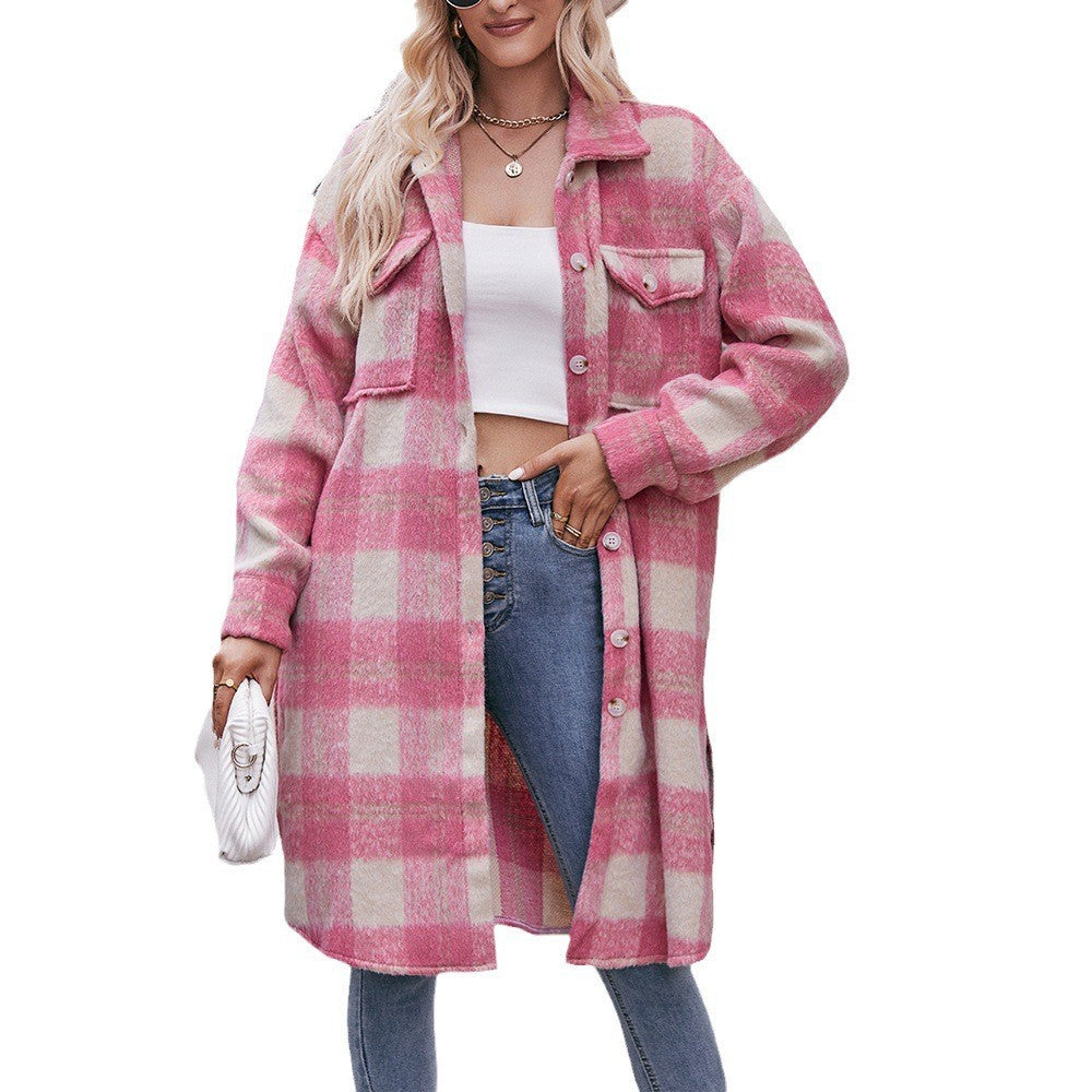 Women Plaid Hoodies Long Jacket Oversized with Pocket
