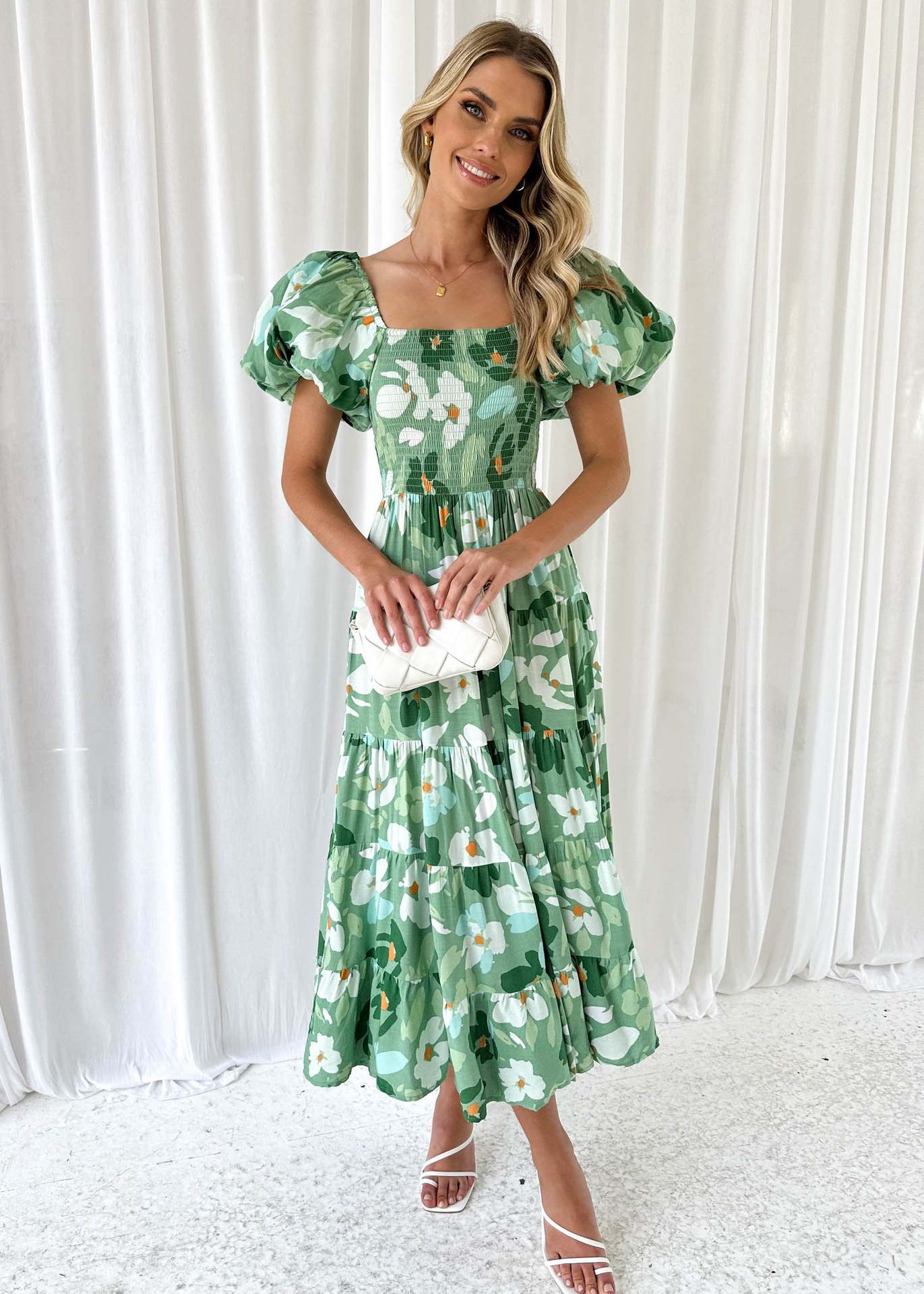 Offshoulder Printed Bubble Sleeve Dress for Women