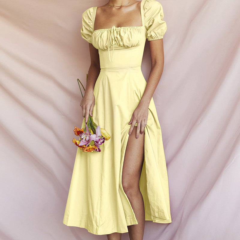 Women Solid Color Bubble Sleeve Strap Dress