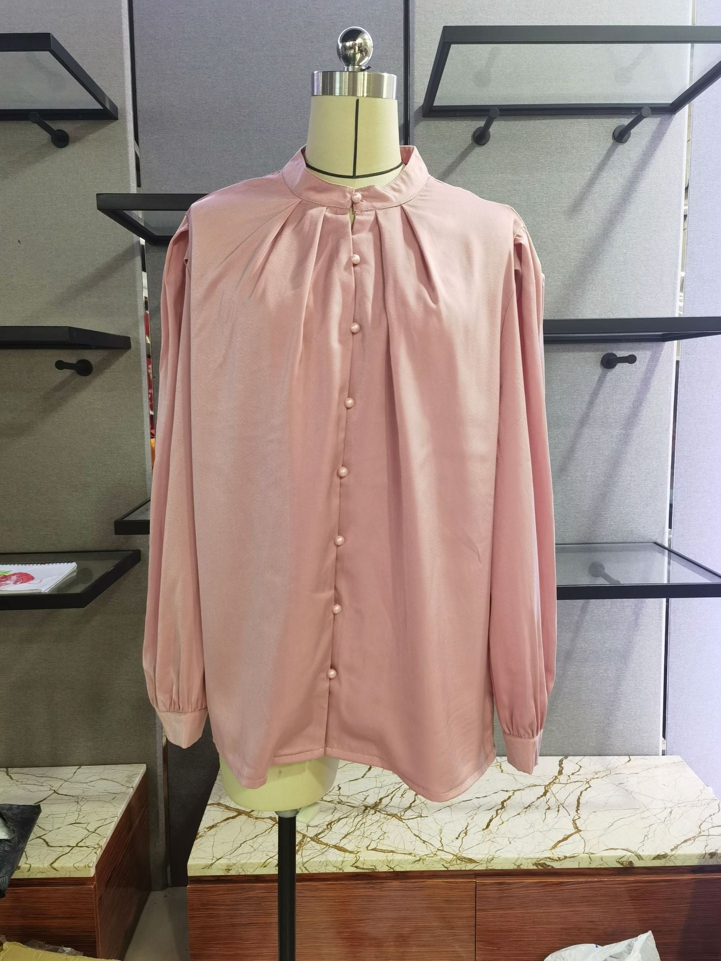 Solid color lapel long-sleeved button-up blouse shirt