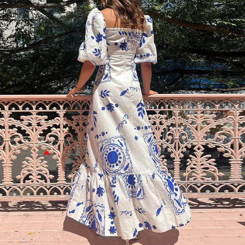 Women's Fashion Lantern Sleeve Print A-shaped Dress