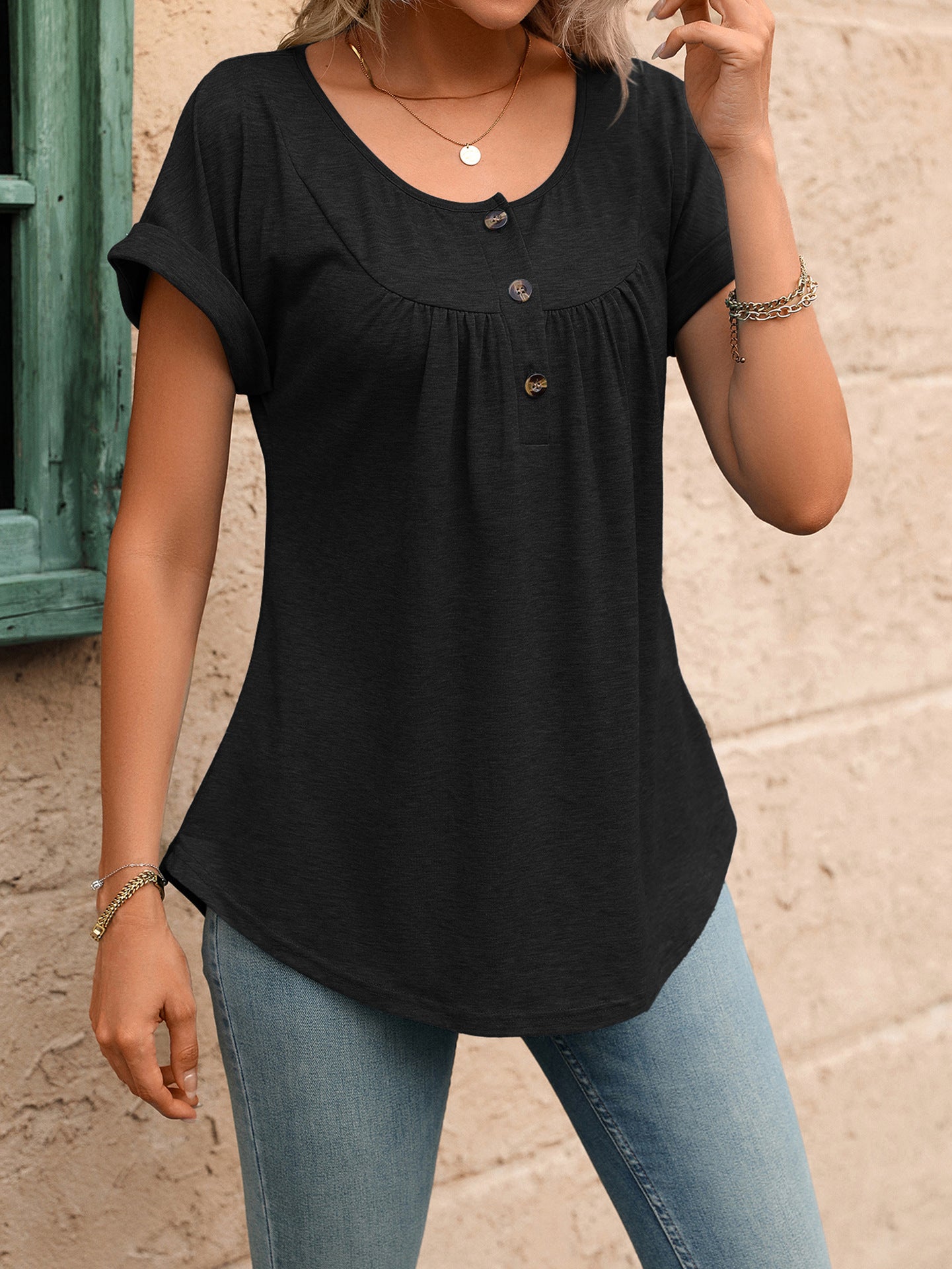 Women Solid Color Crew Neck Button Short Sleeve T-Shirt