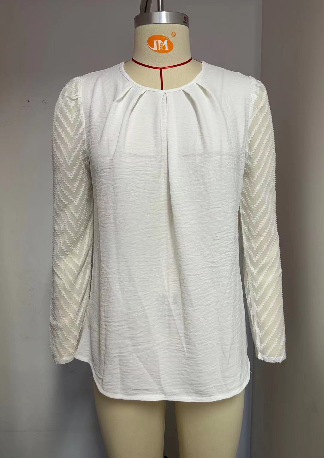 Women's Crew Neck Pleated Chiffon Long Sleeve Shirt