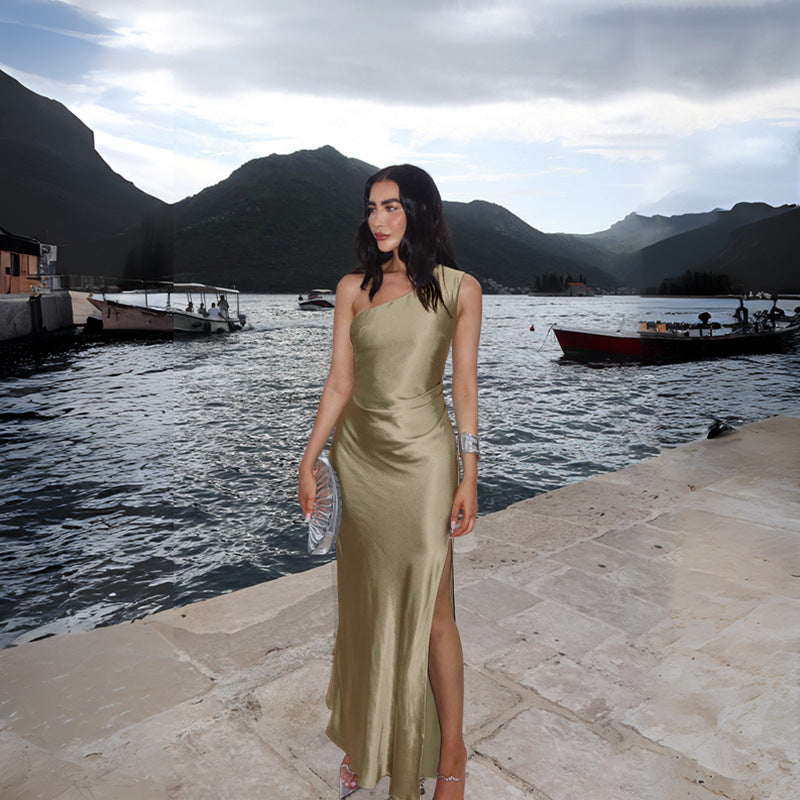 Slim One Shoulder Split Sexy Satin Dress Women