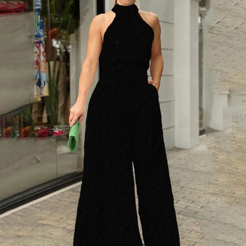 Fashion Sexy Printed Sleeveless Wide Leg Jumpsuit Trousers