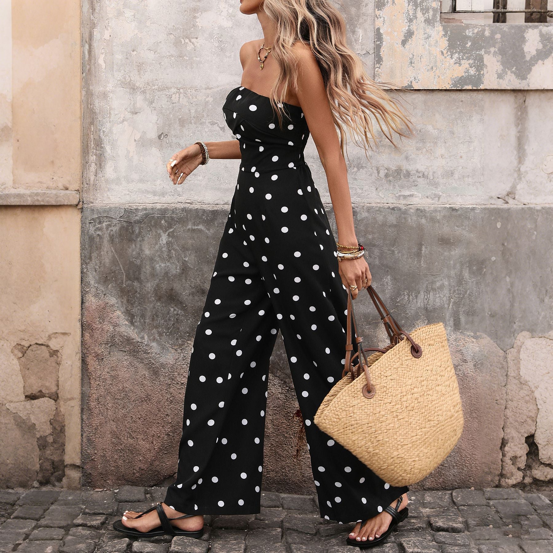 Vintage Polka Dot Tube High Waist Wide Leg Jumpsuit