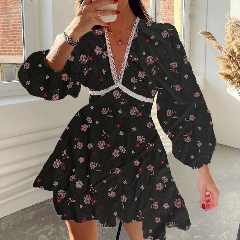 Women Elegant V-neck Floral Slim-fit Dress Short
