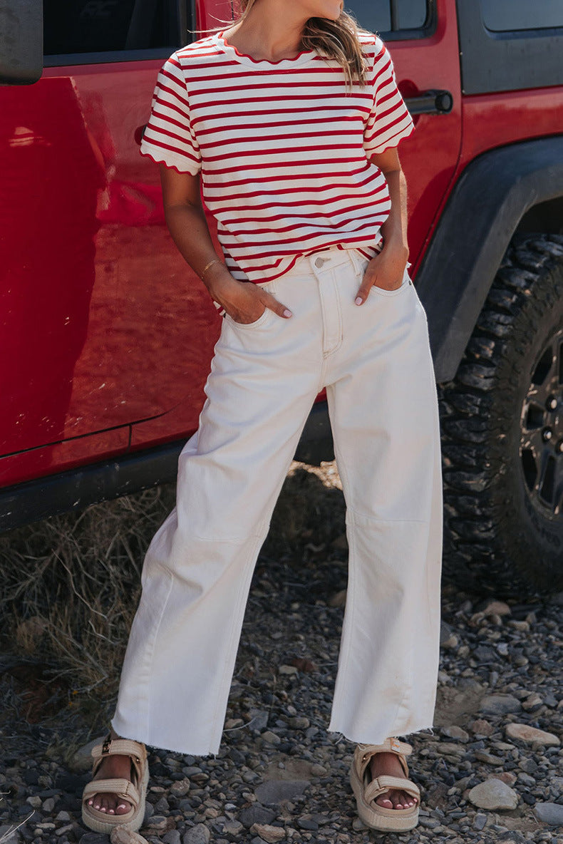 Womens Short Sleeve Top Ruffle Striped T-Shirt