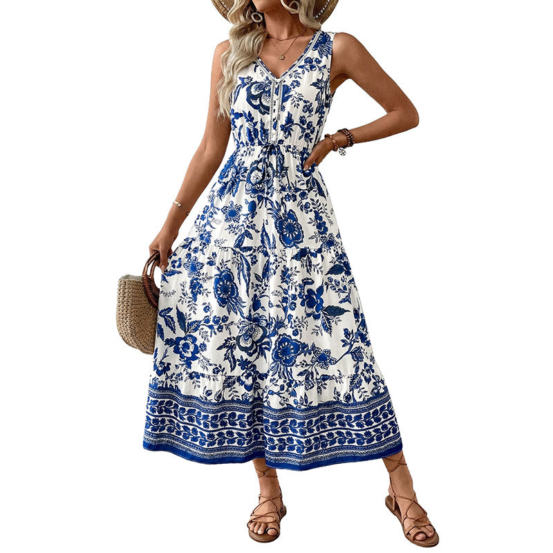 Long Dress V-neck Sleeveless Print Dress